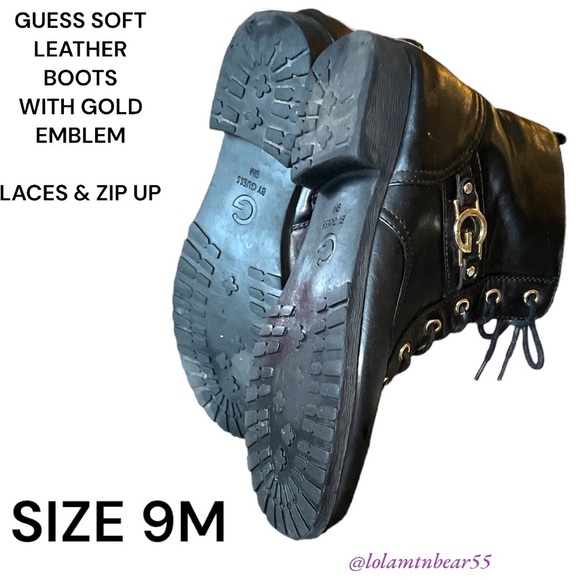 GUESS BRAND SOFT LEATHER ANKLE BOOTS-SIZE 9M-GOLD EMBLEM ON SIDES-ZIP UP AND TIE - Picture 10 of 16